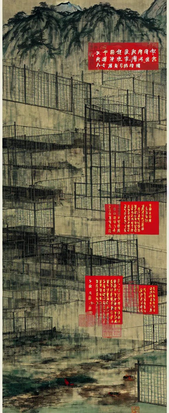 Image similar to a chinese prison near a river by peter doig, muted colors, overlaid with chinese adverts