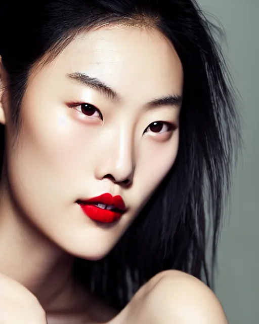 Image similar to photo portrait Liu Wen, beautiful face, faint red lips, slicked back hair, fashion photoshoot, cover girl, real-life skin, skin care, light makeup