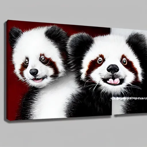 Image similar to animal friends cute fluffy baby red panda and cute fluffy black and white baby panda together with bamboo background, detailed 4k painting in the style of mark brooks