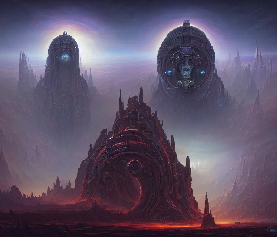 Prompt: a beautiful matte painting of a dark sci-fi retro cover art of the great cosmic god machine by Tyler Edlin and Noah Bradley and Jim Burns and James Gurney, award winning, atmospheric, epic and stunning, intricate details, anthropomorphic, monumental