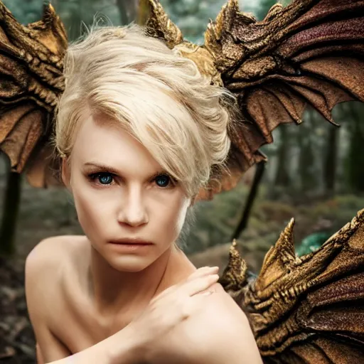 Prompt: very pretty blond dragon girl with scales for skin and huge dragon wings in a dark forest, perfect symmetrical face, shallow depth of field, moody lighting, single point of light, 8 k, ultra realistic, in the style of,