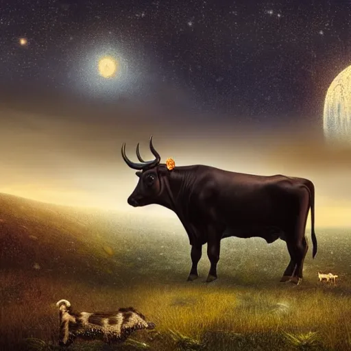 Prompt: a detailed matte painting of a cow wearing a witch hat, viewed in profile, glowing moths and fog in the background, starry night, black and blue color scheme with gold highlights, in the style of discworld and harry potter, 8 k, octane render