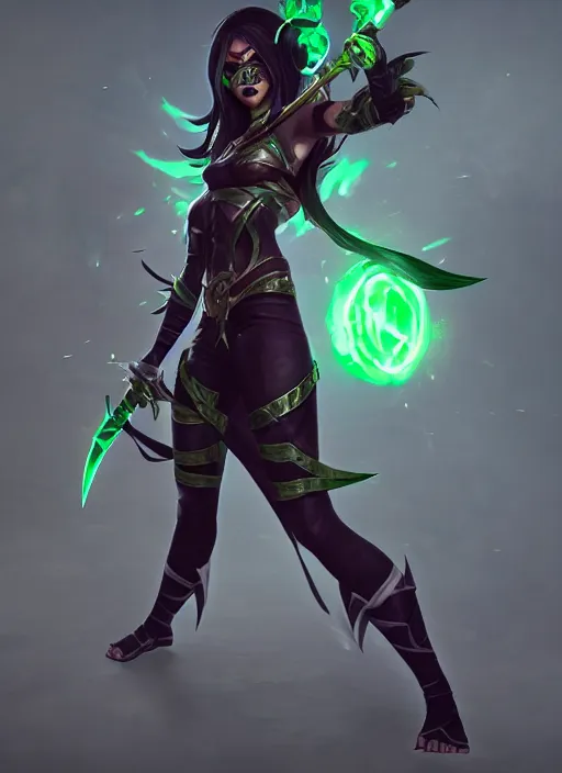 Image similar to dark akali, from league of legends, holding green daggers, ninja costume, hyper detailed, digital art, trending in artstation, cinematic lighting, studio quality, smooth render, unreal engine 5 rendered, octane rendered, art style by klimt and nixeu and ian sprigger and wlop and krenz cushart