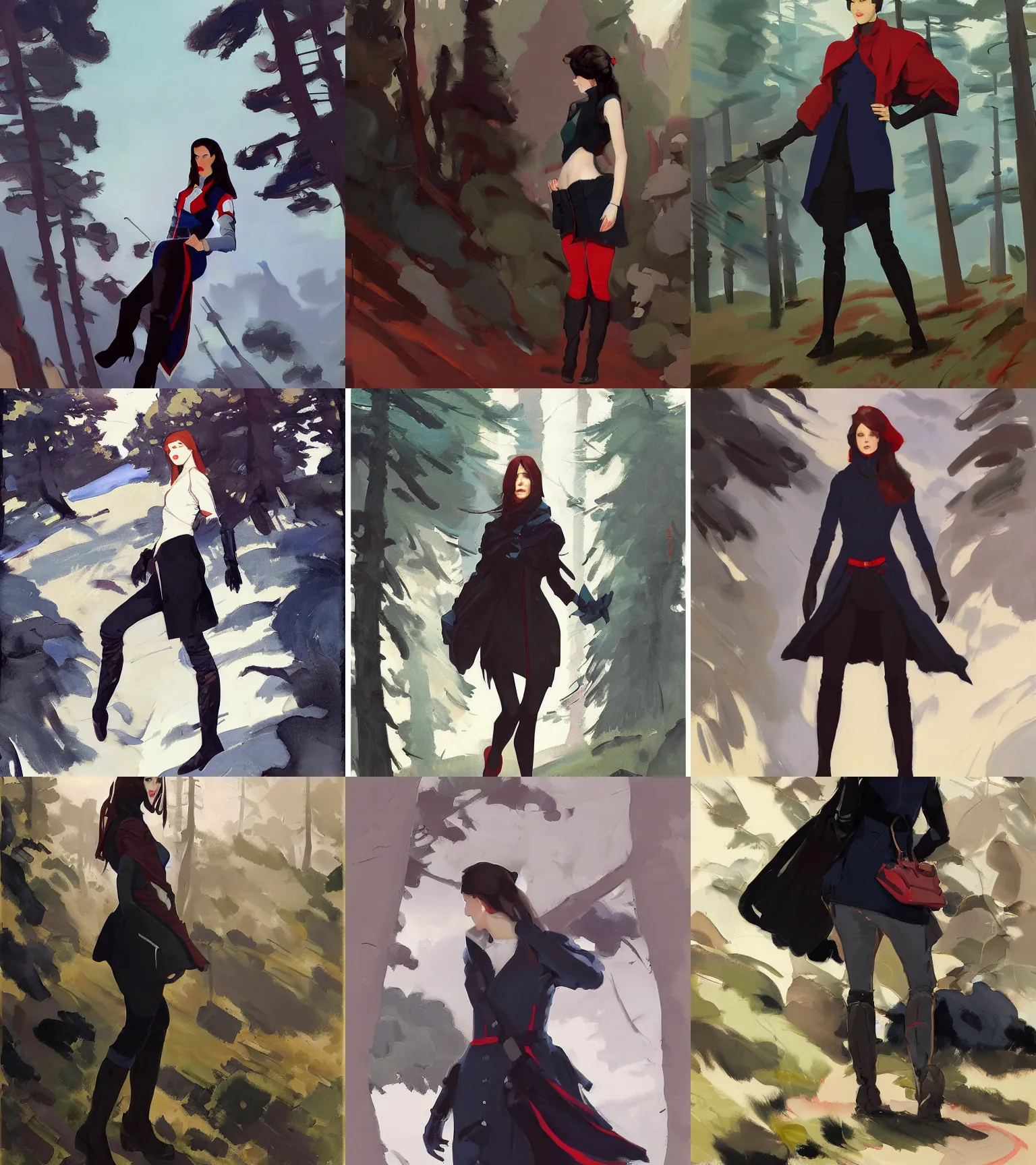 Prompt: black red blue white cloth fabric jodhpurs knee high boots travel coat fashion, solo hiking in mountains trees, greg manchess painting by sargent and leyendecker, studio ghibli, fantasy, asymmetrical, intricate, elegant, matte painting, illustration, hearthstone, by greg rutkowski, by greg tocchini, by james gilleard, by joe fenton