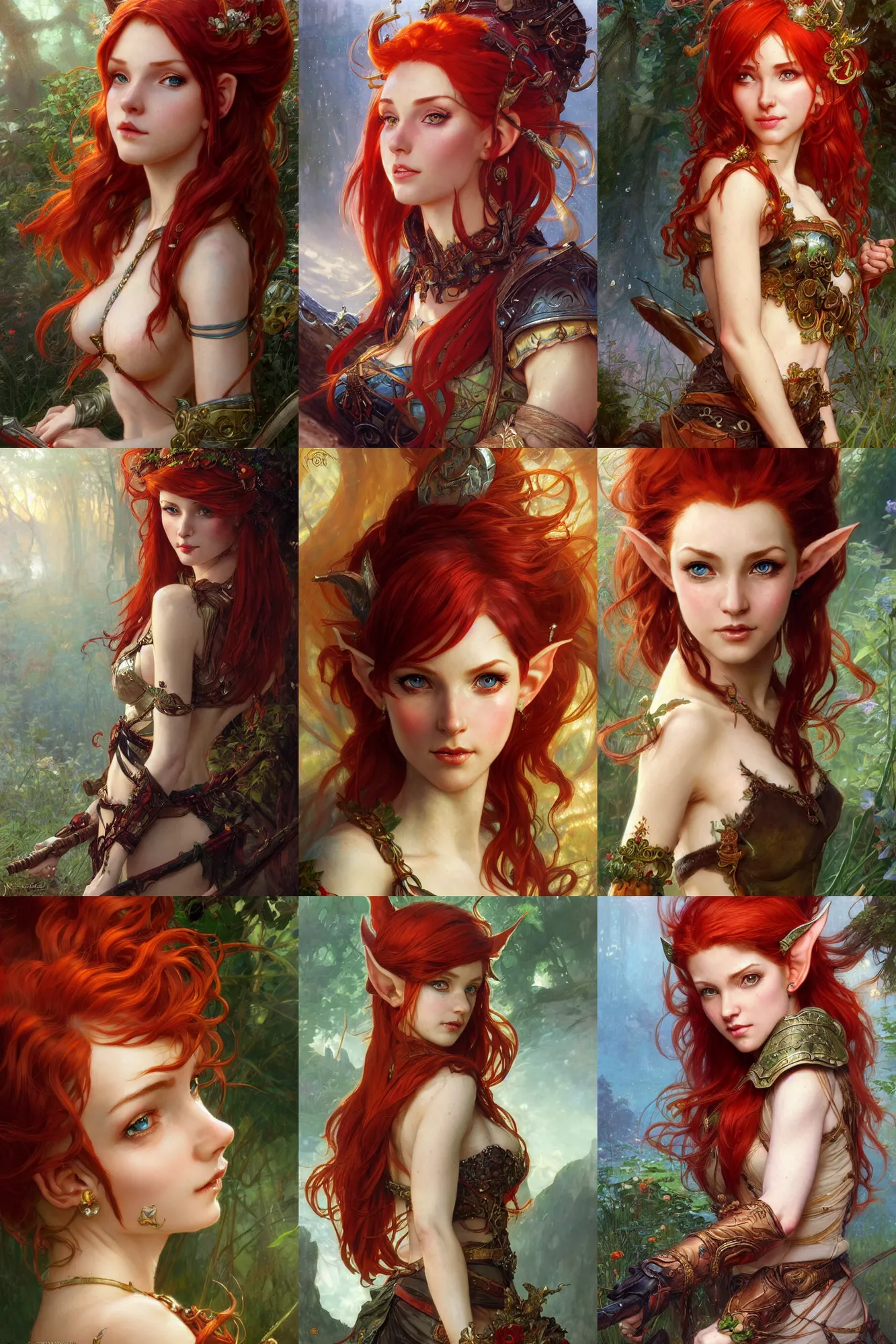 Prompt: alluring highly detailed close-up matte portrait of beautiful elf girl with red hair wearing a fantasy outfit, very detailed, realistic, by Stanley Artgerm Lau, greg rutkowski, thomas kindkade, alphonse mucha, loish, norman rockwell J.