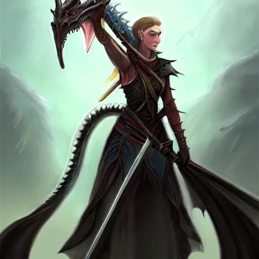 Image similar to a woman holding a sword with a dragon on it, concept art by Nína Tryggvadóttir, tumblr contest winner, fantasy art, official art, concept art, high detail