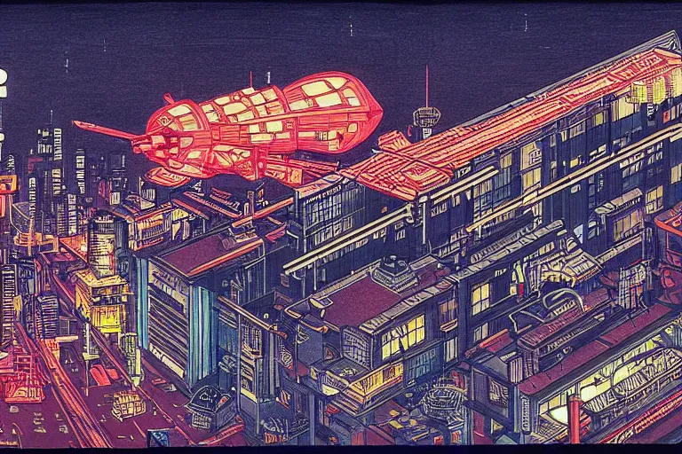 Image similar to cyberpunk buildings with a flight vehicle glowing in the sky, neon sign, bottom view ， bladerunner, by hiroshige utakawa