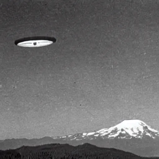 Prompt: The Kenneth Arnold UFO sighting occurred on June 24, 1947, when private pilot Kenneth Arnold claimed that he saw a string of nine, shiny unidentified flying objects flying past Mount Rainier at speeds that Arnold estimated at a minimum of 1,200 miles an hour, 1947 photo