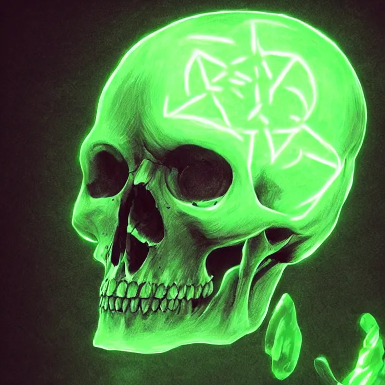 Image similar to photorealistic dark fantasy concept art of a glowing human skull with a green neon outline and a Pentagram on it's forehead, dynamic lighting, stunning visuals, realism, cinematic, hyper detailed, ultra detailed, beautiful visuals