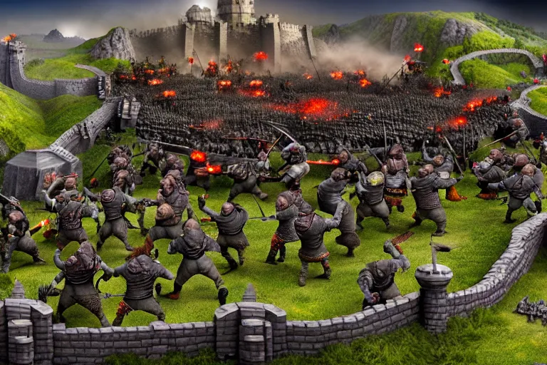 Image similar to diorama of minions fighting orcs in the battle of helm's deep, giant castle walls, realistic, 4 k, detailed