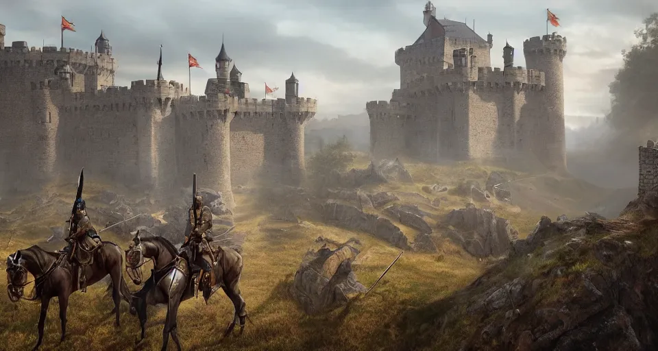 Image similar to ten medieval soldiers atop a castle wall looking over a vast medieval kingdom rule by an evil king. it is a quiet morning. mist, epic, cinematic, volumetric lighting, symmetry, fantasy style, highly - detailed, unreal 5, realism