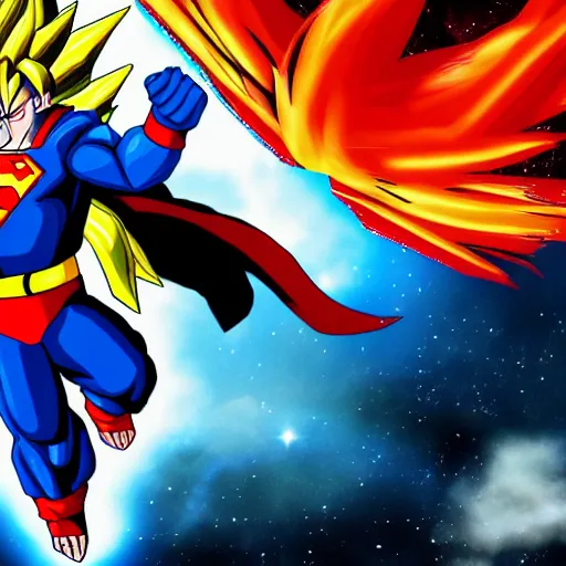 Image similar to 3 5 mm photo of goku fighting with superman on space as background, on an very epic cinematic