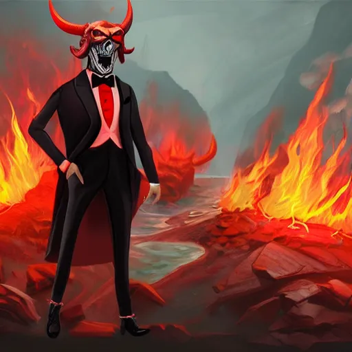 Image similar to a male red Devil wear a tuxedo in hell,Landscape, fire ,environment, Artstation