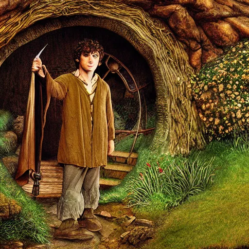 Prompt: frodo baggins in the shire surrounded by hobbit holes In the style of moebius, detailed 4k photograph, HDR, very detailed