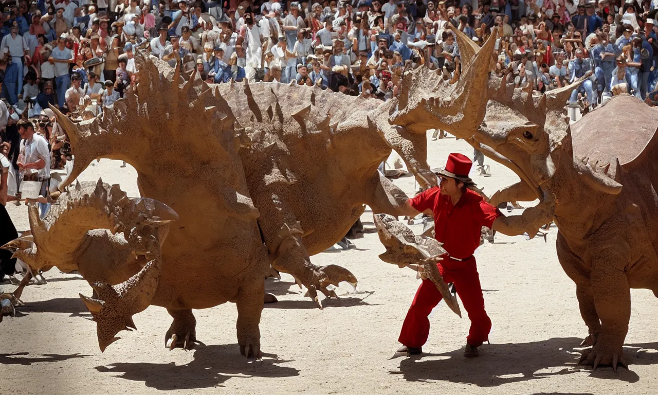 Image similar to a troubadour facing off against a horned dinosaur in the plaza de toros, madrid. long shot, midday sun, kodachrome