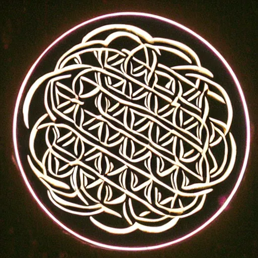 Prompt: Celtic flower of life carved on a tree illuminated by full moonlight, Photo taken with Nikon ISO 2600