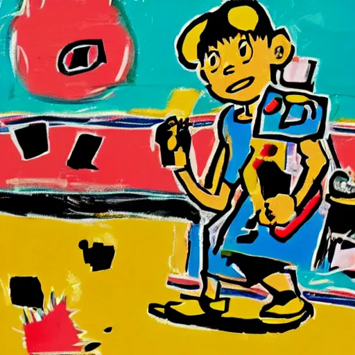 Prompt: ness from earthbound teaches a college course, basquiat style