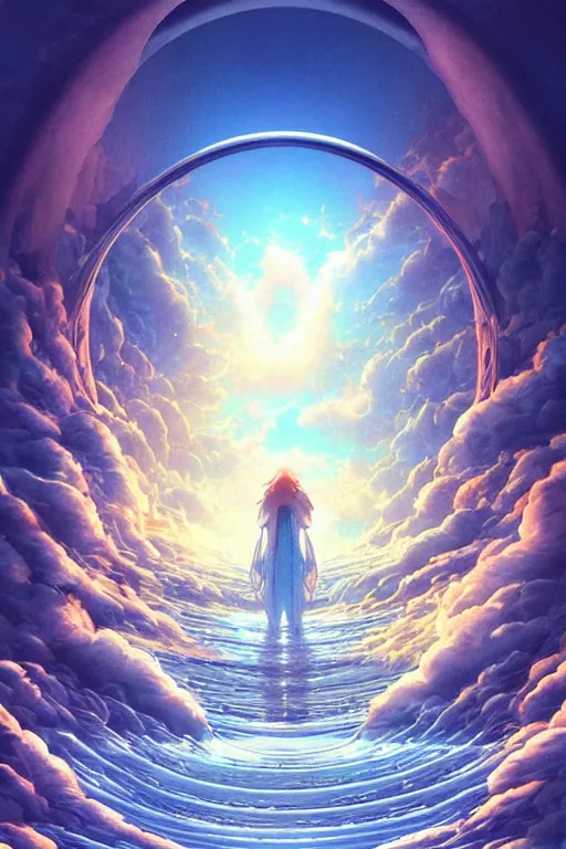 Image similar to the portal to heaven by hiroshi yoshida and moebius and loish and artgerm, painterly, symmetrical, ultra detailed, hyper realistic, illustration, sunset lighting