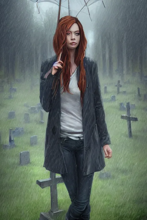 Image similar to tv scene of rachel amber from life is strange standing in a graveyard in the rain, highly detailed, sharp focused, ultra realistic digital concept art by Alyssa Monks, Charlie Bowater