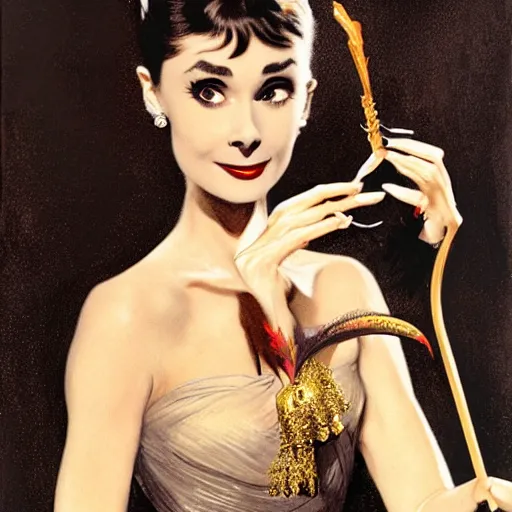 Image similar to an extremely detailed matte painting audrey hepburn as a vampire queen in a resplendent black dress with gold and crimson trim and a long leg slit, in the style of magic the gathering, 8 k, sharp focus, detailed face, art by john collier and albert aublet and krenz cushart and artem demura and alphonse mucha