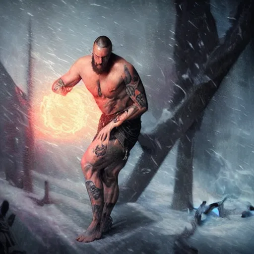 Image similar to tattooed gym bro mage in an ice storm magic spell vfx, diagonal spell vfx, fantasy game spell, fantasy epic digital art, by greg rutkowski, gaston bussiere, craig mullins, j. c. leyendecker, tom of finland