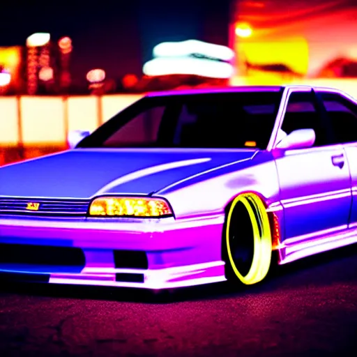 Image similar to a car JZX100 twin-turbo at illegal car meet, Saitama prefecture, city sunset mist neon lights, cinematic color, photorealistic, highly detailed, 200MM