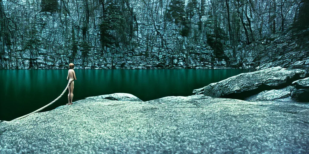 Prompt: rope in the water, in the middle of a rocky lake, eerie vibe, leica, 2 4 mm lens, cinematic screenshot from the 2 0 0 1 film directed by charlie kaufman, kodak color film stock, f / 2 2, 2 4 mm wide angle anamorphic