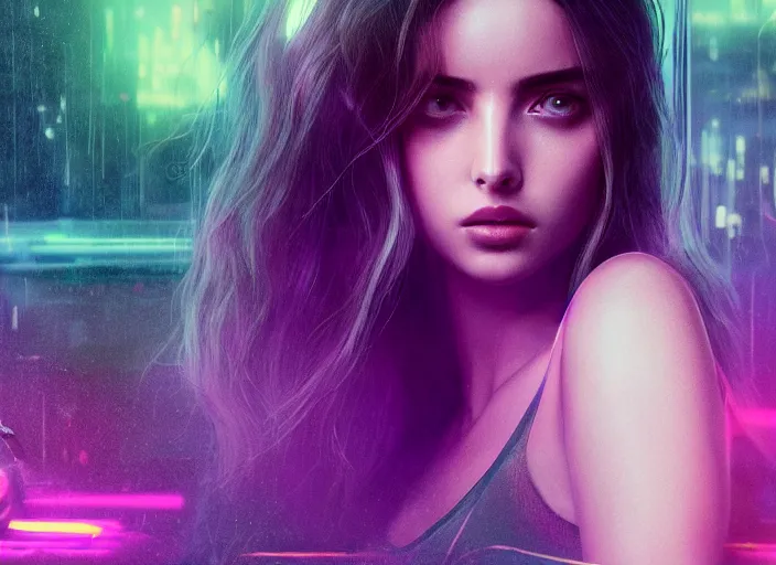 Image similar to beautiful Ana de Armas, blade runner 2049, long flowing hair, trending on artstation, unreal engine, purple neon, green rain, matte painting