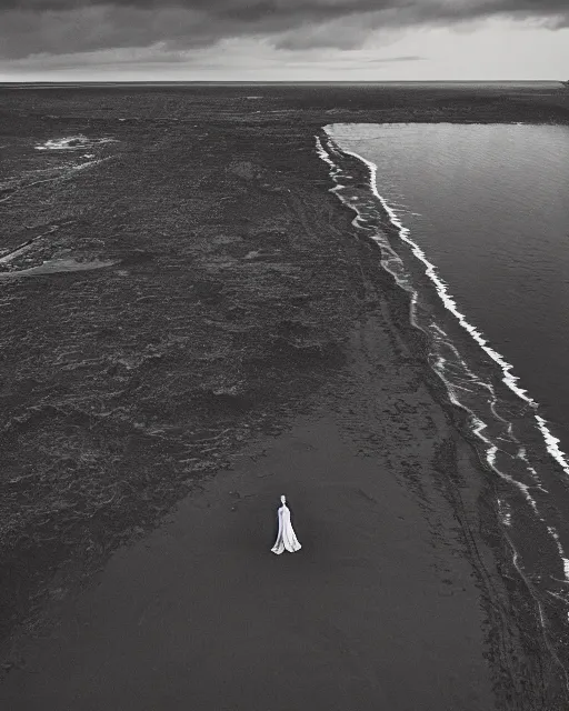 Prompt: a woman standing at the shore, made of intricate decorative lace leaf skeleton, shot from a drone, in the style of the dutch masters and gregory crewdson, dark and moody