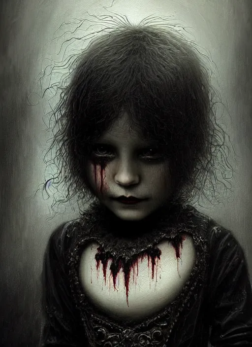 Prompt: highly detailed oil painting | very intricate | cinematic lighting | black, white and blood color scheme, dark background | portrait of a exquisite beautiful vampire little boy with long elegant tangles of black hair, eyes, gothic fog ambience, hyper realistic head, fantasy victorian art, in the style of greg rutkowski, zdizslaw beksinski, intricate, alphonse mucha