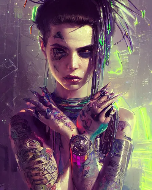 Prompt: detailed portrait Young Gangster Girl cyberpunk futuristic ((neon)) tattoes, styled hair Reflective gauzy fine-spun film jacket, decorated traditional ornaments by ismail inceoglu dragan bibin hans thoma greg rutkowski Alexandros Pyromallis Nekro Zac Retz illustrated Perfect face, fine details, realistic shaded, fine-face, pretty face