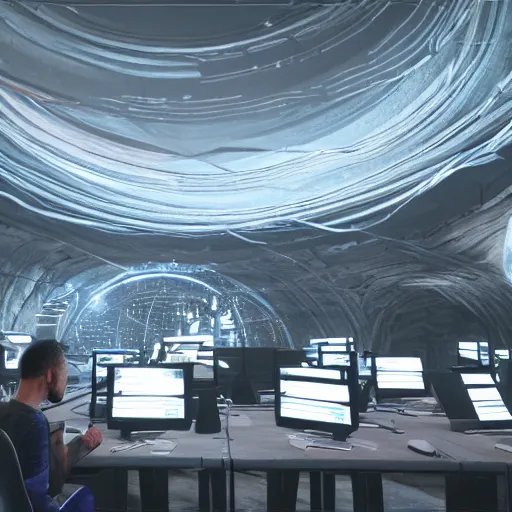 Prompt: photorealistic still hundreds of people sitting in front desks with computers in a giant dome cave cyberpunk cables and lights everywhere unreal engine volumetric lightning 8 k