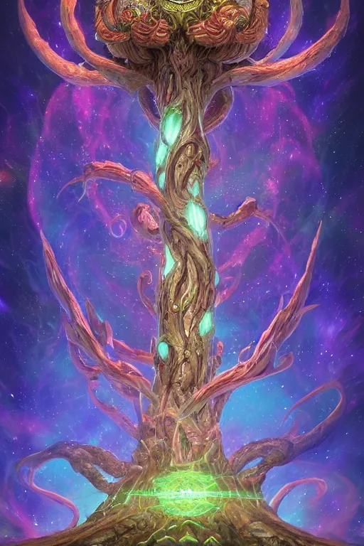 Image similar to yggdrasil as an enormous sentient deity of the stars made of exotic matter, in hyperbolic space, a dnd illustration of an esoteric concept by cgsociety and james gurney, artstation, hdr, rtx, iridescent