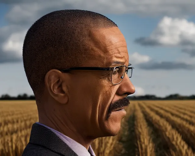 Image similar to walter white gustavo fring facing each other in a wheat field, side view, 3 5 mm photograph, 8 k resolution, wide shot, sharp lens