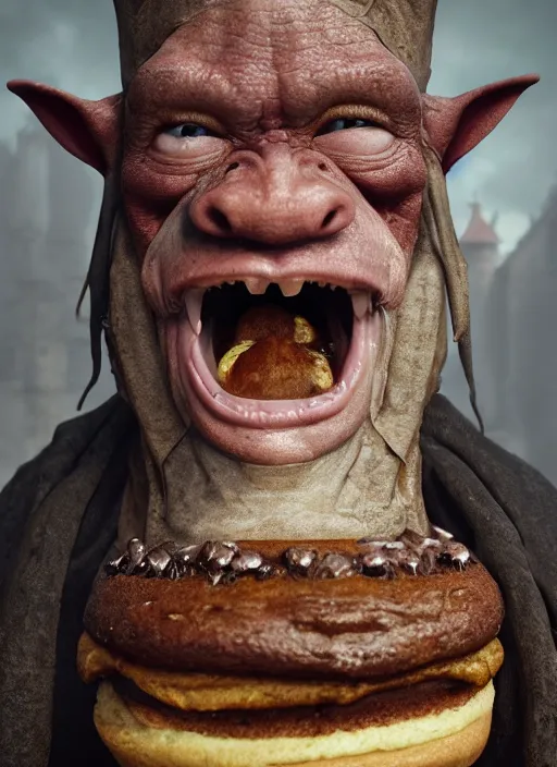 Image similar to closeup portrait of a medieval goblin eating cakes, depth of field, zeiss lens, detailed, symmetrical, centered, fashion photoshoot, by Annie Leibovitz and Steve McCurry, David Lazar, Jimmy Nelsson, Breathtaking, 8k resolution, extremely detailed, beautiful, establishing shot, artistic, hyperrealistic, beautiful face, octane render