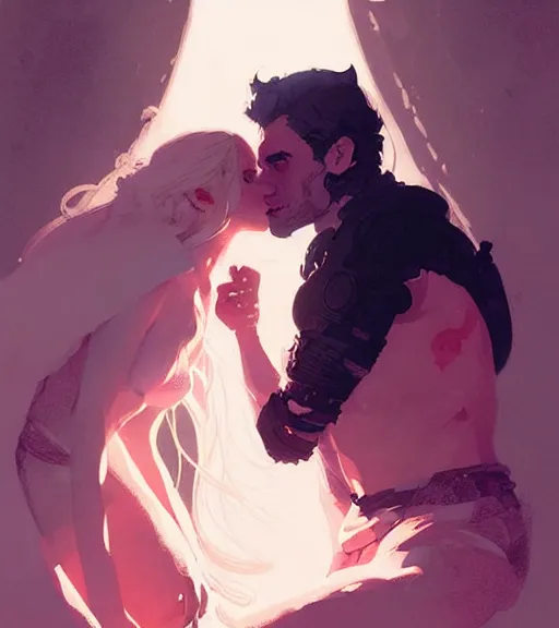 Image similar to portrait of cullen kissing dany by atey ghailan, by greg rutkowski, by greg tocchini, by james gilleard, by joe fenton, by kaethe butcher, dynamic lighting, gradient light pink, brown, blonde cream and white color scheme, grunge aesthetic