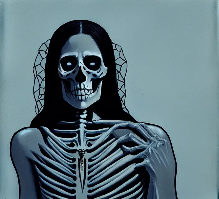 Image similar to skeleton jesus, noir, sharp focus, intricate, illustration, cell shaded, digital painting, highly detailed, matte, art by ilya kuvshinov, wlop, greg rutkowski, reflections, studio quality, james jean, artem demura