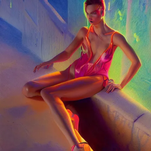 Image similar to Beautiful Professional Model in a Dream Neon Suit, detailed, centered, digital painting, artstation, concept art, donato giancola, Joseph Christian Leyendecker, WLOP, Boris Vallejo, Breathtaking, 8k resolution, extremely detailed, beautiful, establishing shot, artistic, hyperrealistic, beautiful face, octane render, cinematic lighting, dramatic lighting, masterpiece