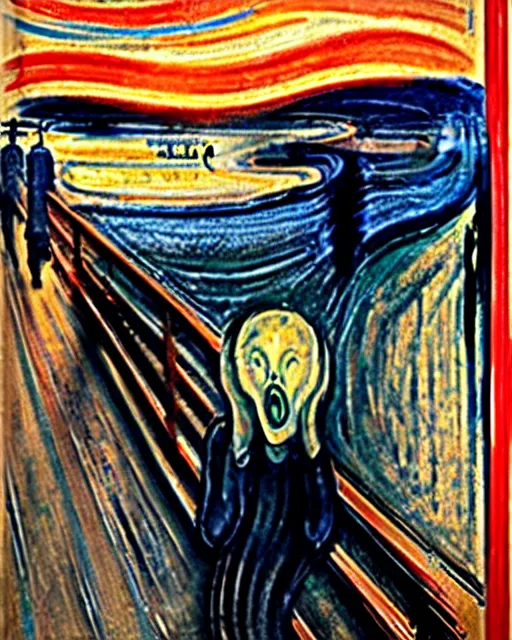 Image similar to the scream, fox, red fox, by edvard munch, fox, the scream