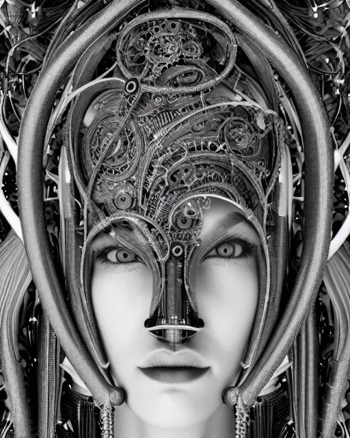 Image similar to mythical black and white organic bio-mechanical spinal ribbed profile face portrait detail of mechanical beautiful female angelic-vegetal-cyborg, highly detailed, intricate steampunk ornate, poetic, 3D render, digital art, octane render, 8K artistic photography, photo-realistic, by Dora Maar