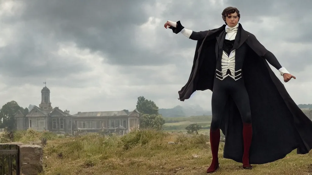 Image similar to victorian era spiderman wearing a cape in the new pride & prejudice movie, movie still realistic, 8 k