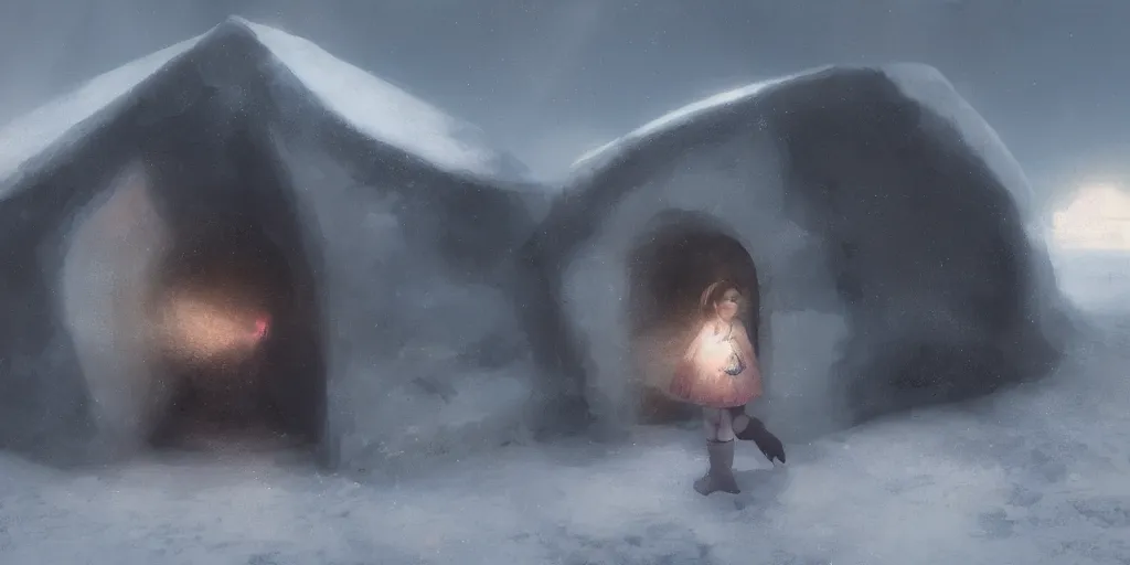 Image similar to young girl back to us in front of an igloo in the tundra,, mysterious matte painting by ruan jia and craig mullins, trending on artstation