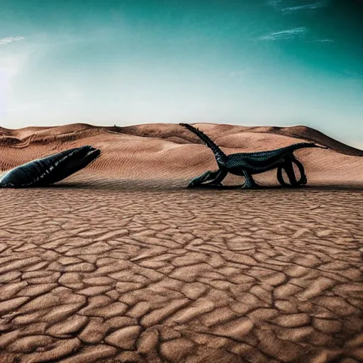 Image similar to 🐋🤖🦖🐉👽🐳 in desert, photography by bussiere rutkowski andreas roch