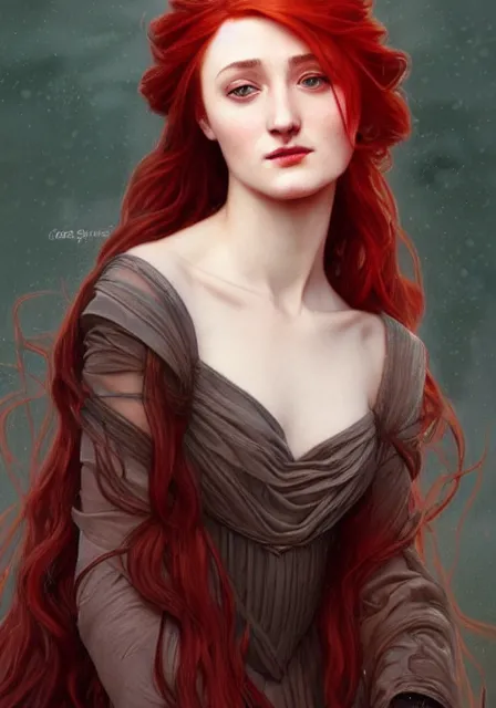 Prompt: portrait of sansa stark with long red hair, intricate, elegant, highly detailed, digital painting, artstation, concept art, smooth, sharp focus, illustration, art by artgerm and greg rutkowski and alphonse mucha and william - adolphe bouguereau