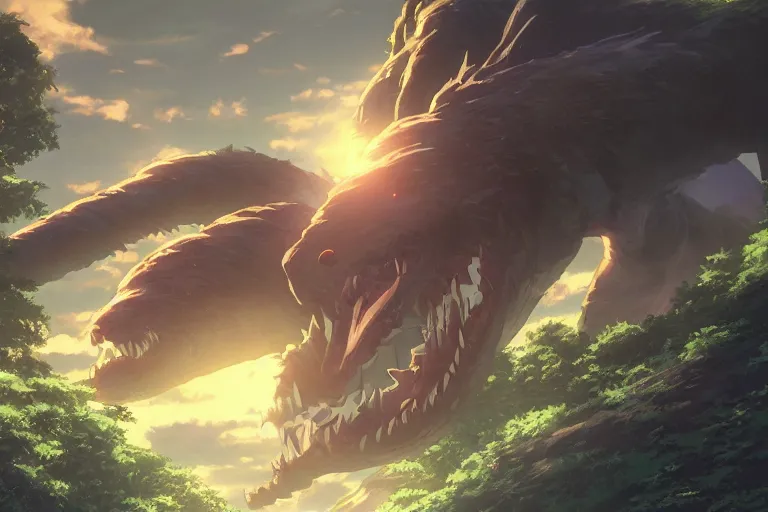 Image similar to giant monster eating everybody, highly detailed, 4k resolution, lighting, anime scenery by Makoto shinkai