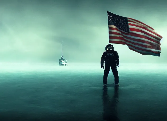 Image similar to astronaut holding a flag in an underwater desert. a submarine is visible in the distance. dark, concept art, cinematic, dramatic, atmospheric, 8 k, trending on artstation, blue, fish, low visibility, fog, ocean floor, christopher nolan, interstellar