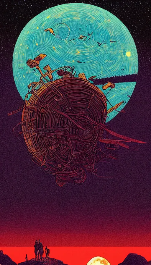 Image similar to harvest moon floating on cosmic maelstrom sunset sky, futurism, dan mumford, victo ngai, kilian eng, da vinci, josan gonzalez