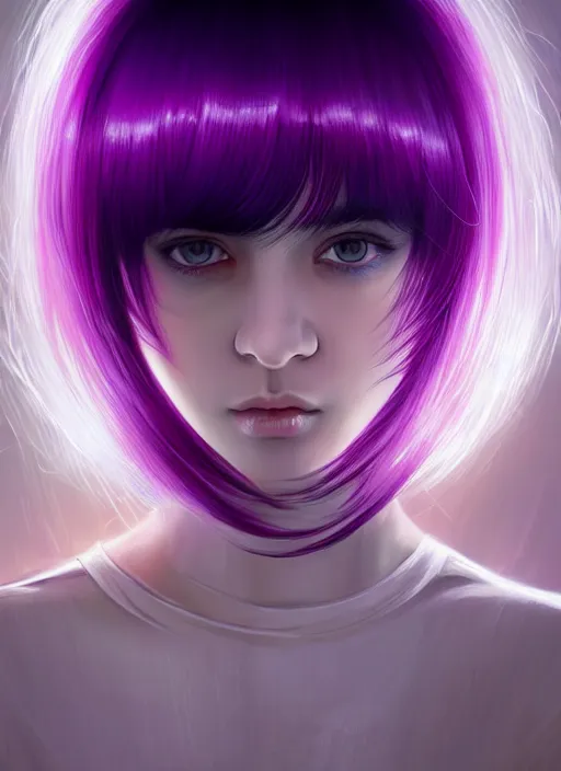 Image similar to hair whitebangs hair, black hair, blackbangswhitehair, portrait of teenage girl with white bangs, red irises, purple clothes, white bangs, bangs are different color from hair, intricate, elegant, glowing lights, highly detailed, digital painting, artstation, concept art, sharp focus, illustration, art by wlop, mars ravelo and greg rutkowski