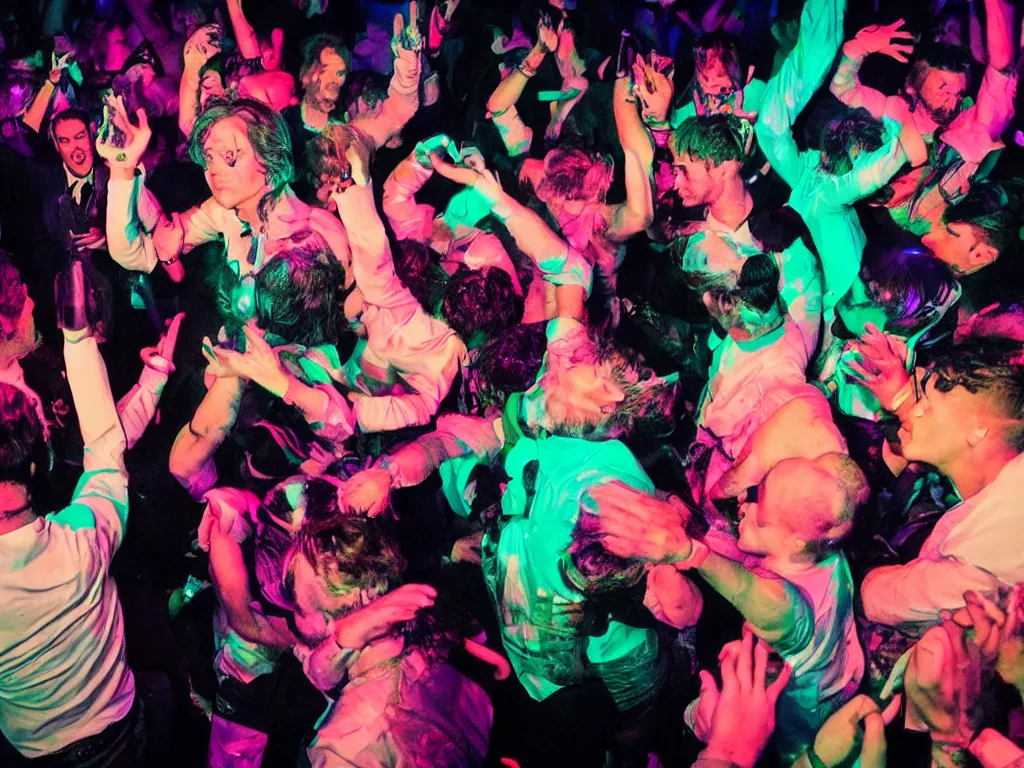 Image similar to oscar wilde dancing at a gay club in the 2 1 st century, color, photography, 8 k, highly detailed, rave, lighting, cmyk, instagram