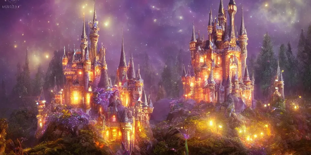Image similar to a glittering fairy castle at night, extremely detailed oil painting, unreal 5 render, fantasy digital art, octane render, beautiful composition, trending on artstation, award-winning photograph, masterpiece